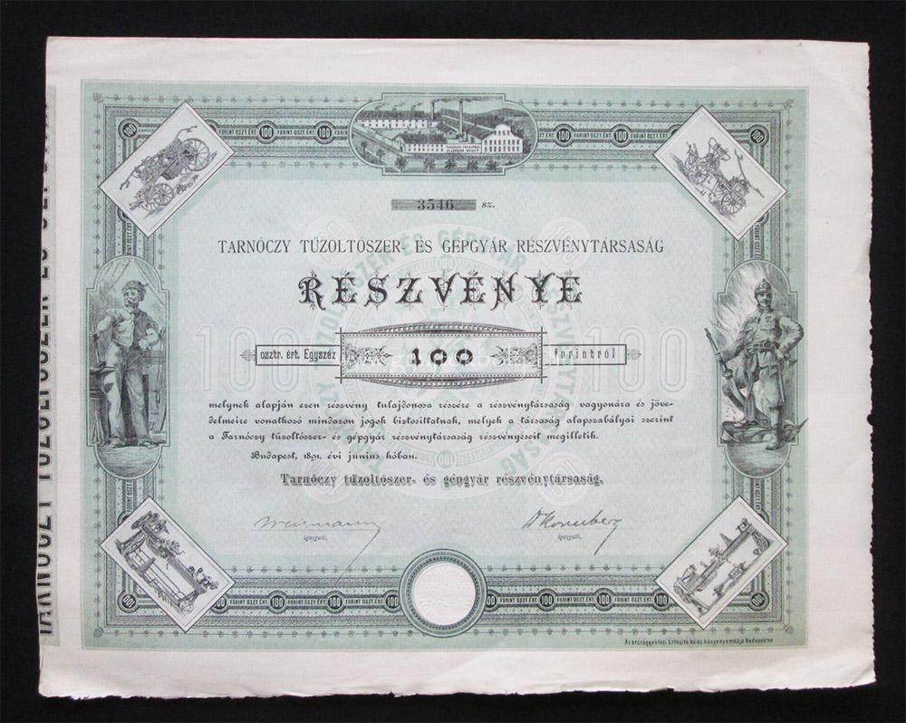 Tarn�czy T�zolt�szer- �s G�pgy�r r�szv�ny 100 forint 1891